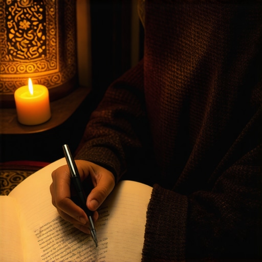 Žena piše u dnevniku snova uz svjetlost svijeće, sa islamskim ukrasima u pozadini, simbolizirajući kontinuirano duhovno učenje i praksu tumačenja snova.