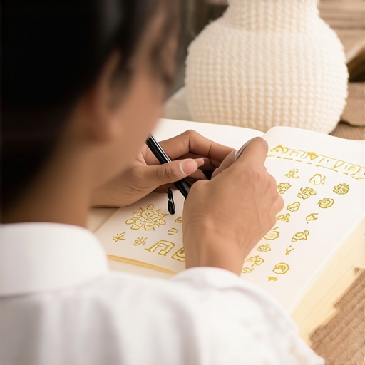 Osoba zapisuje san o zlatu u dnevnik sa islamskim simbolima i motivima
