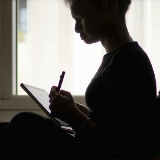 Osoba zapisuje snove u digitalni dnevnik, okružena mirnom atmosferom.