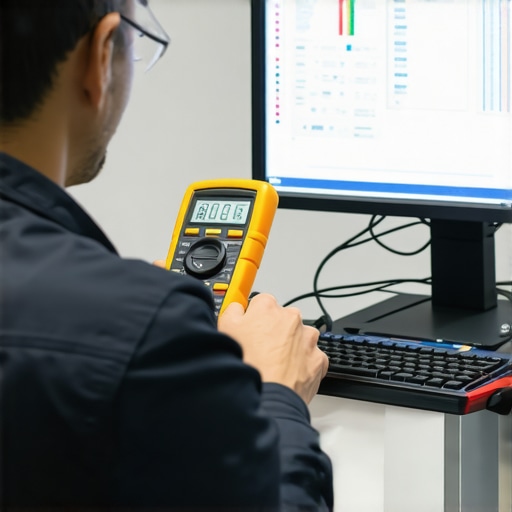 Effective Tools for Maintaining Technical Systems Technician using multimeter and digital monitoring tools on a computer for system maintenance.