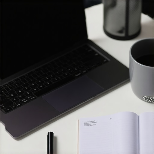 Focused Work Environment Person working at a clean desk with a laptop and planner, demonstrating productivity.
