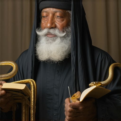 Islamic Dream Interpretation of Snake Islamic scholar analyzing a dream about snake with traditional attire and symbolic elements