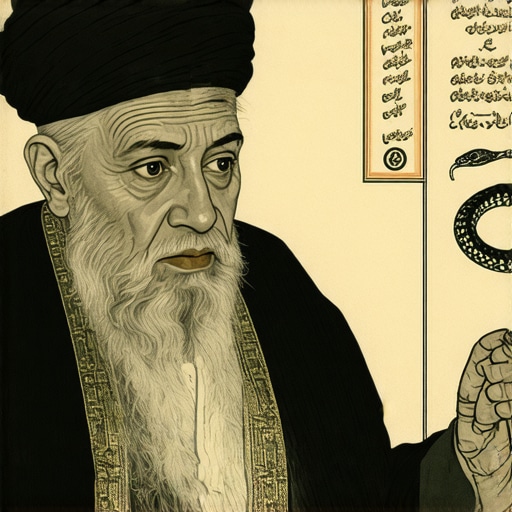 Scholarly figure analyzing dream symbols with snake imagery in a traditional Islamic setting