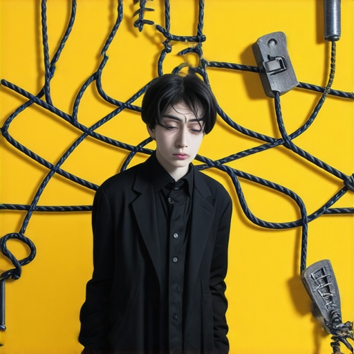 Ilustracija osobe koja pokušava razmrsiti zamršene pertle, okružena simbolima poput zaglavljenog zatvarača i zahrđalog eksera, što predstavlja složene i često zanemarene poruke u snovima.