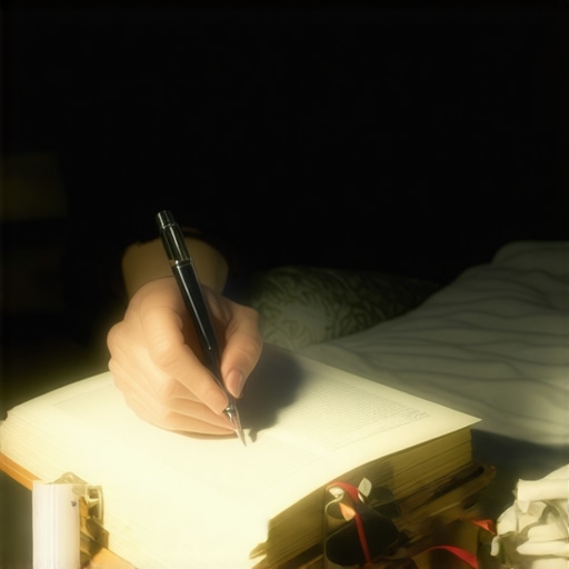 Osoba piše u dnevniku snova pored kreveta, s eteričnom svjetlošću koja okružuje scenu, simbolizirajući duboku introspekciju.