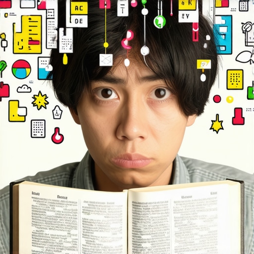 Zabluda u tumačenju snova: Kriva potraga za značenjem Osoba zbunjena gleda u sanovnik, dok joj apstraktni simboli lebde oko glave, simbolizirajući pogrešno tumačenje bez ličnog konteksta.