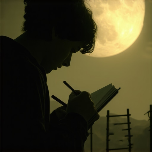 Osoba piše u dnevniku snova pod mjesečinom, okružena simbolima koji predstavljaju složene snove i životne izazove.